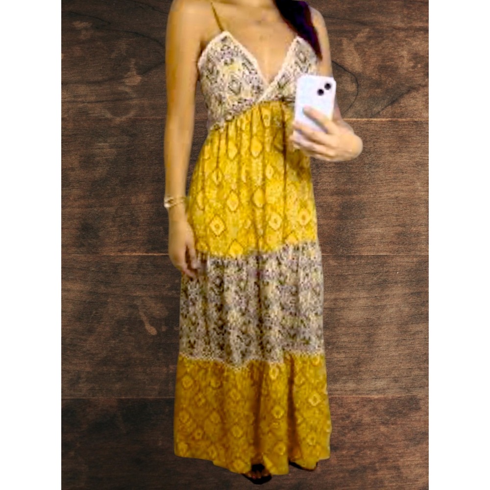 Francesca's 100% Cotton Boho Tiered Babydoll Maxi Dress M Tie Back Pockets